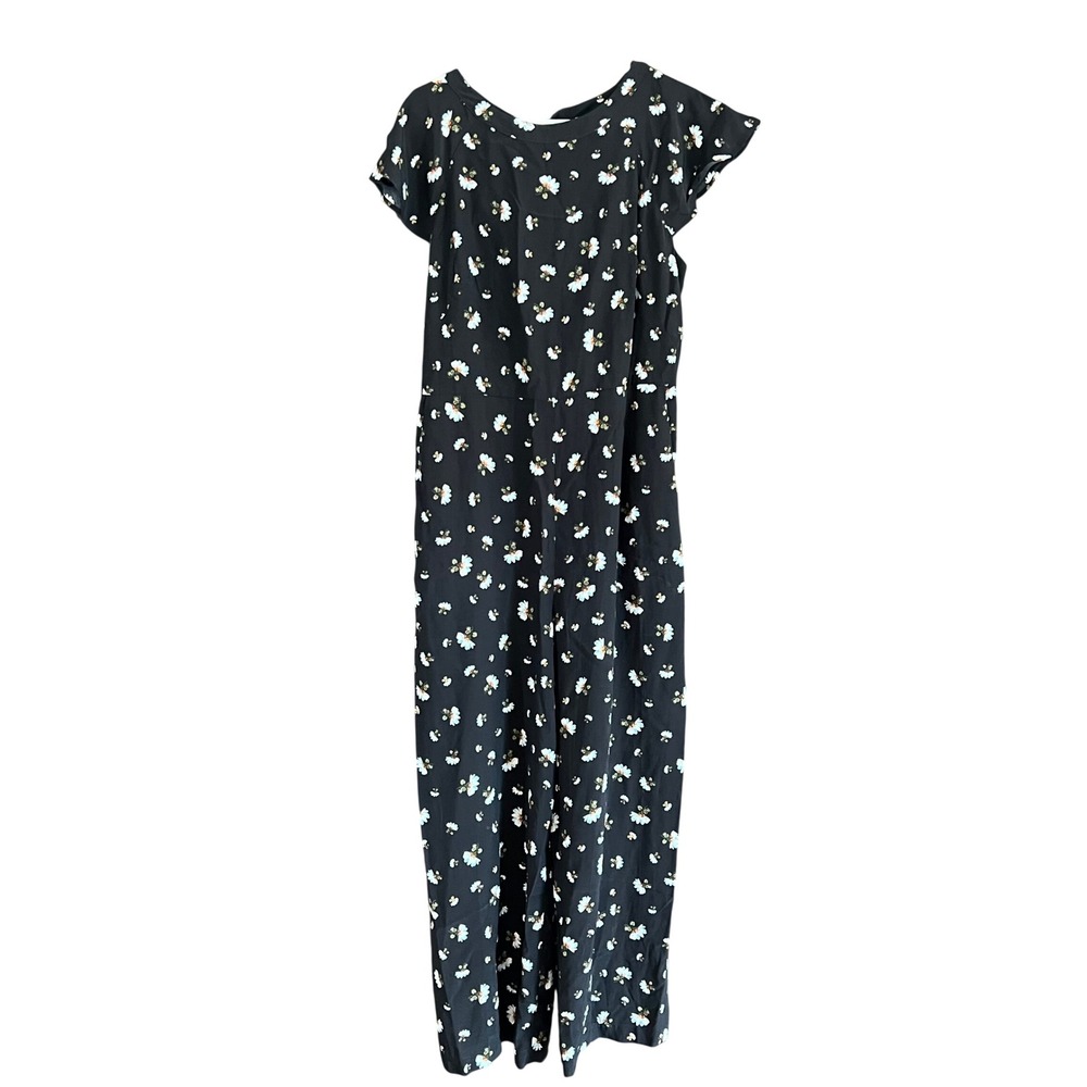 LOFT Black Daisy Floral Wide Leg Jumpsuit Flutter Sleeve Keyhole Back Size 12